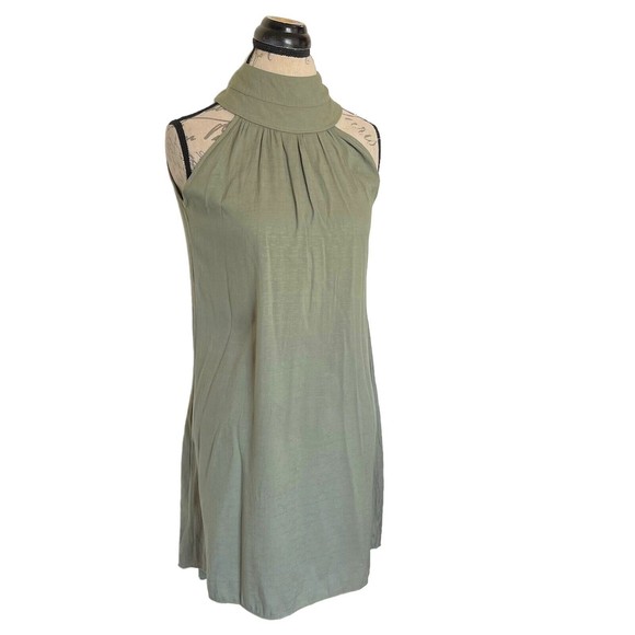 Womens Green Trapeze Dress High Mock Neckline Sleeveless Pleated Mini Sz  Small - Picture 2 of 12